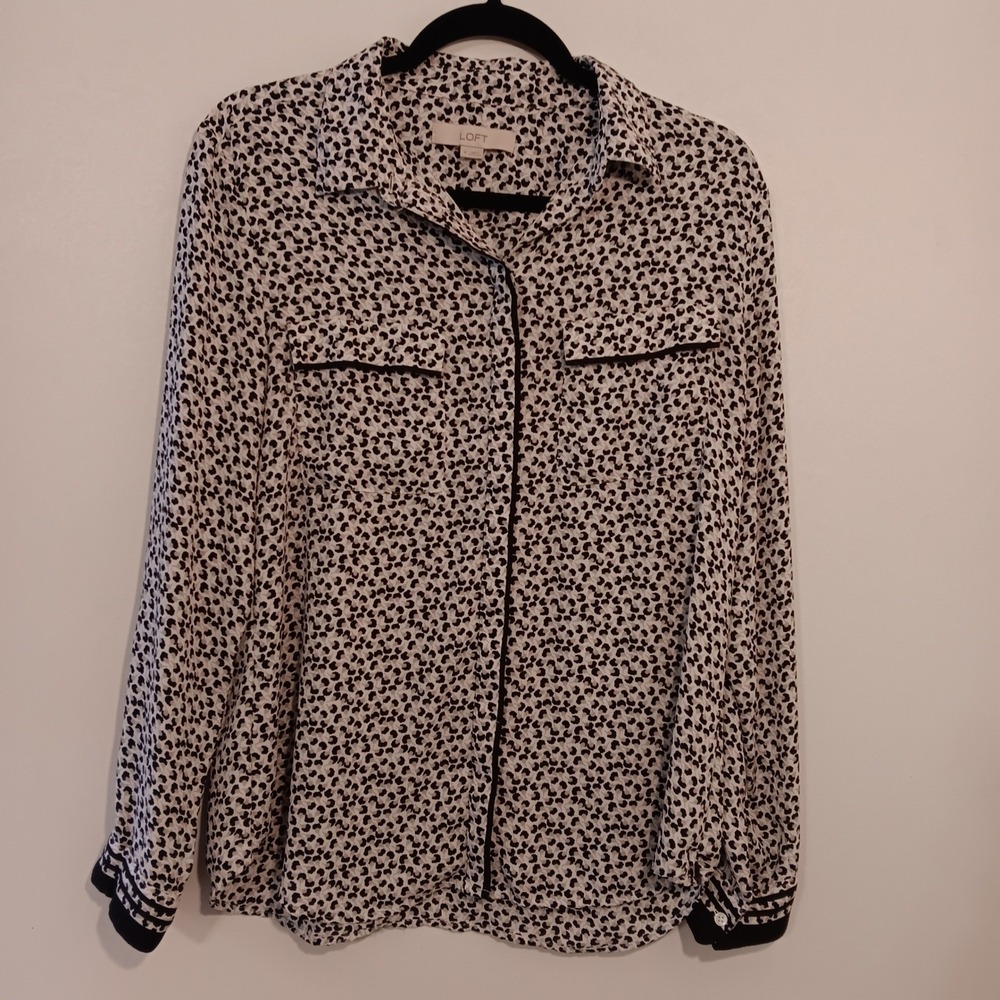 LOFT Women's Blouse Top Button Down Leopard‎ Print Black White Career